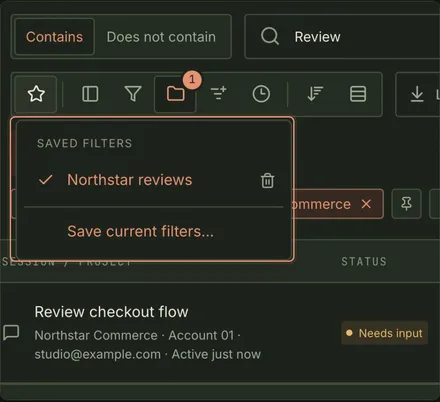 The Session Hub toolbar with Review in the search field and the Contains text condition selected; the Saved filters menu is open with Northstar reviews checked and Save current filters below it. The Review checkout flow session, marked Needs input, shows underneath.